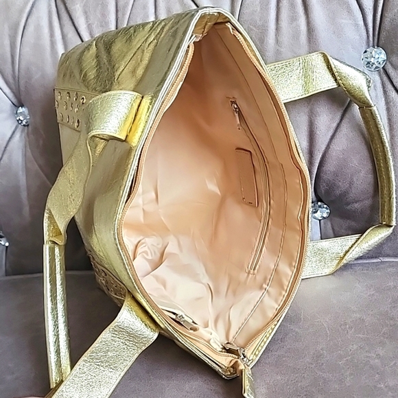 NWOT, UNION BLUE Metallic Gold Purse, w/ Gold Sequins, 3 Compartments 😍 - Picture 10 of 11